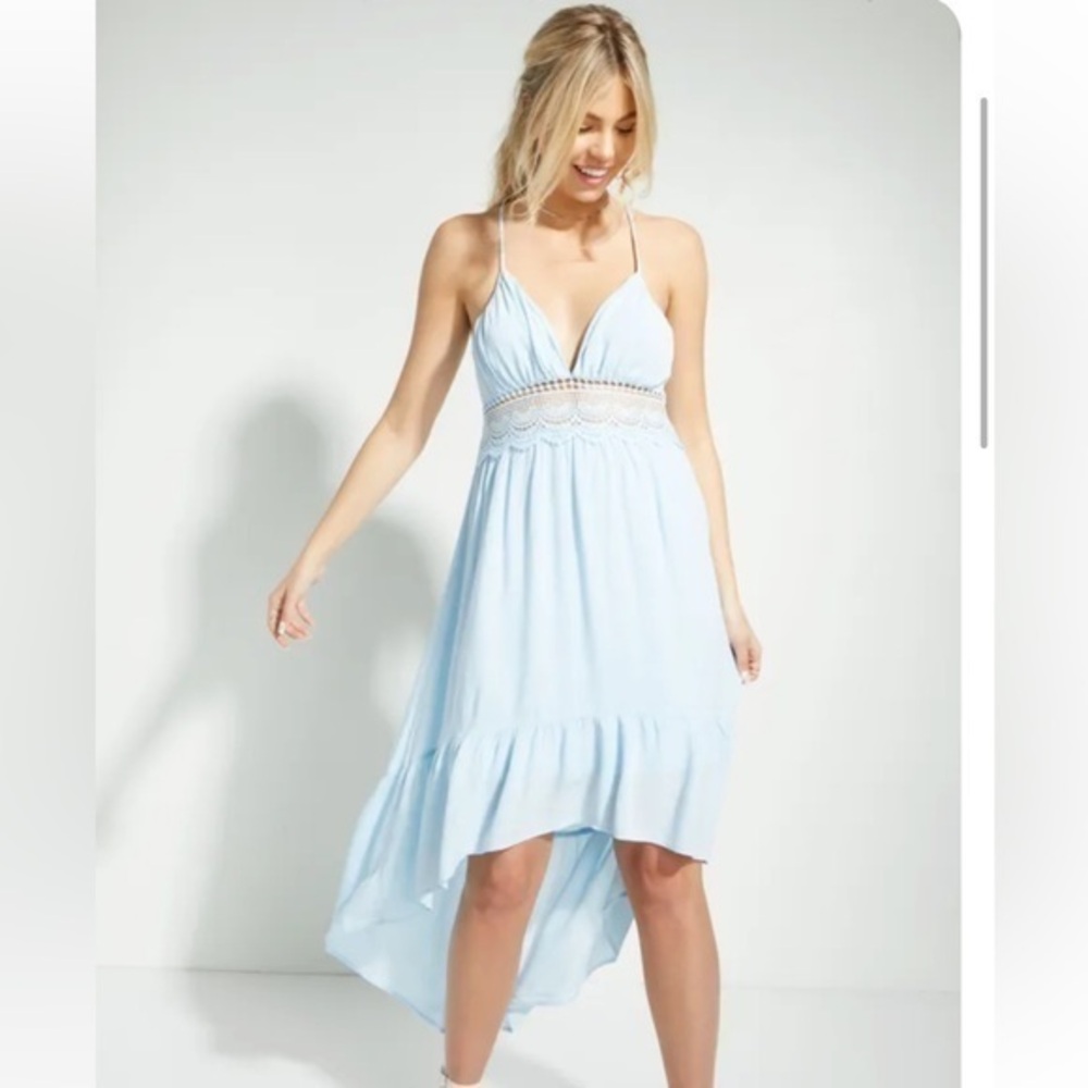 Rue 21 Light blue sleeveless mini dress crocheted waist, lace back high low